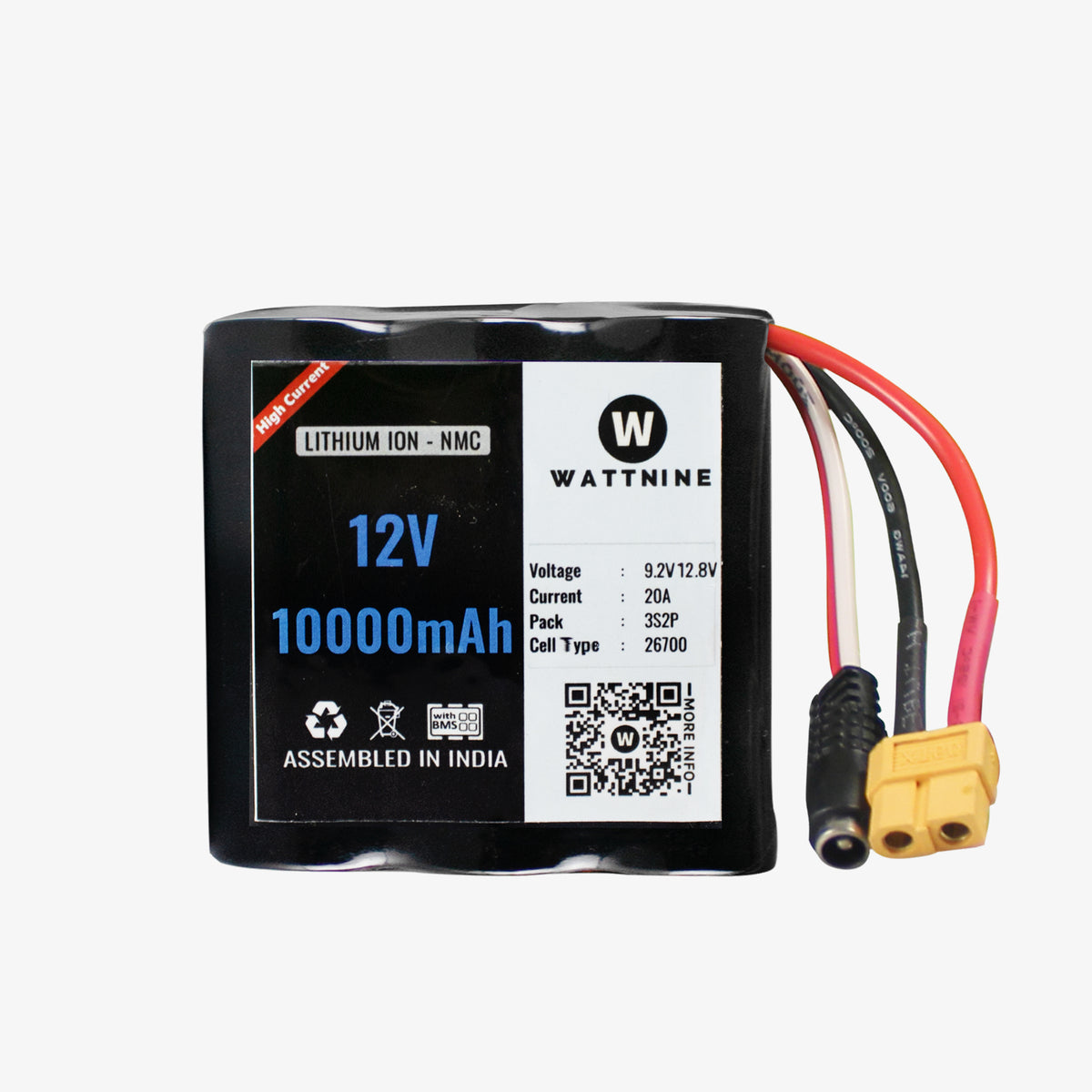 WATTNINE® 12V 10Ah Rechargeable Lithium Ion (NMC) Battery