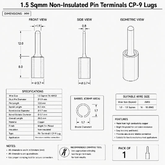 1.5 sqmm non-insulated pin Terminals CP-9 Lugs