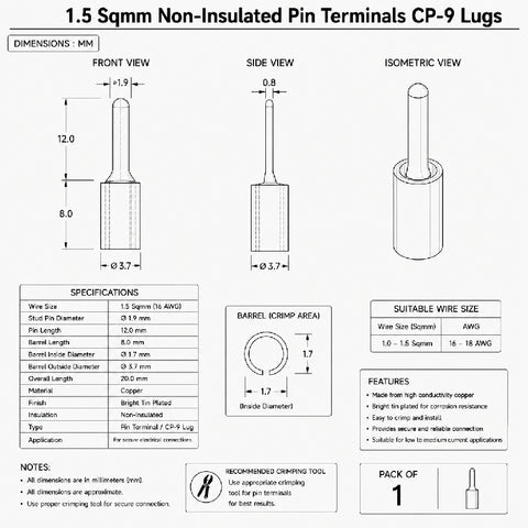 1.5 sqmm non-insulated pin Terminals CP-9 Lugs