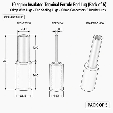 10 sqmm Insulated Terminal Ferrule End Lug (Pack of 5) Crimp Wire Lugs/End Sealing Lugs/Crimp Connectors/Tubular Lugs