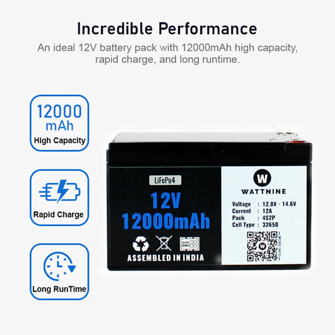 WATTNINE® 12.8V 12Ah Lithium (LiFePo4) Battery with 3 year Warranty