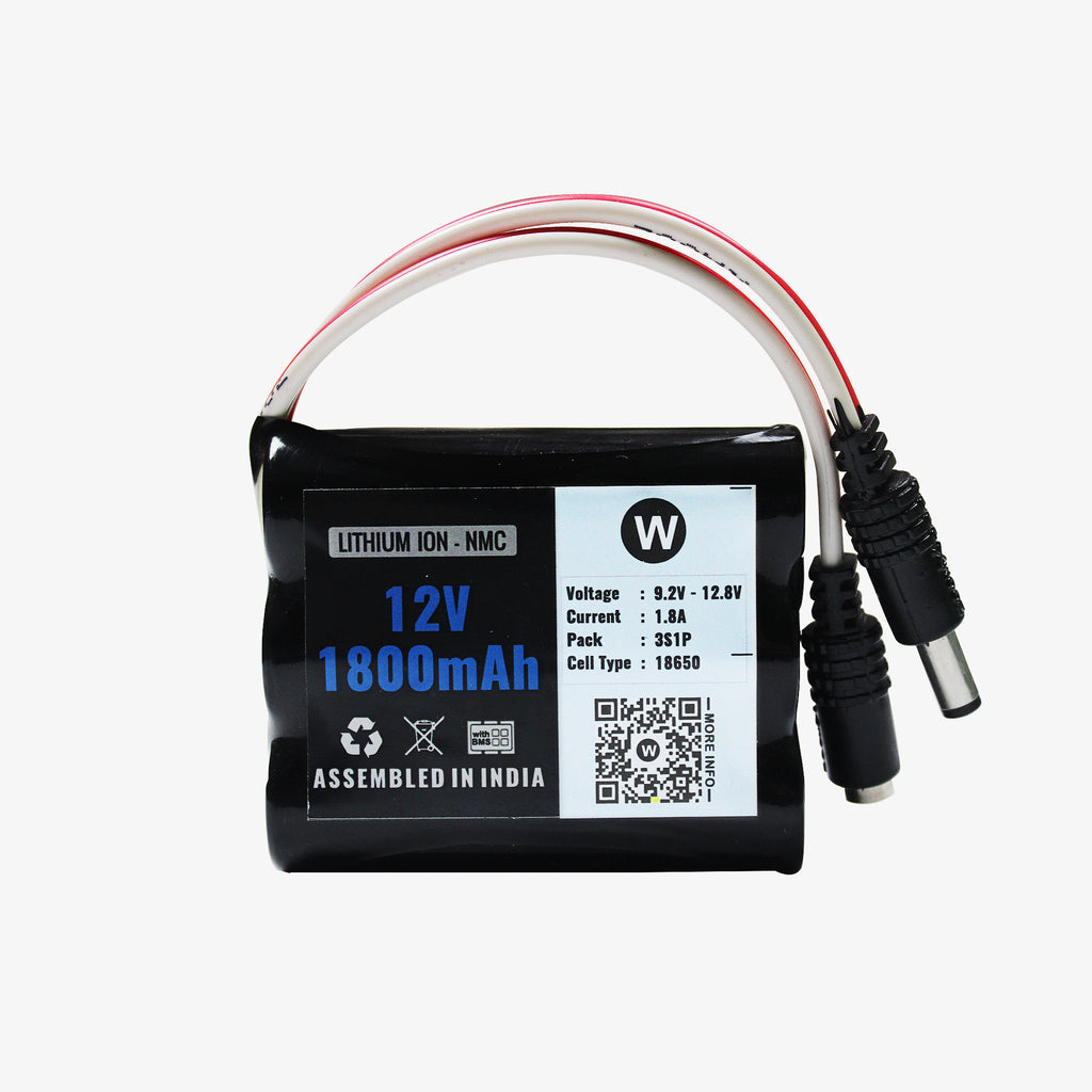 WATTNINE® 12V 1800mAh Rechargeable Lithium Battery Pack with Warranty for GPS, CCTV, Industrial and Commercial Application