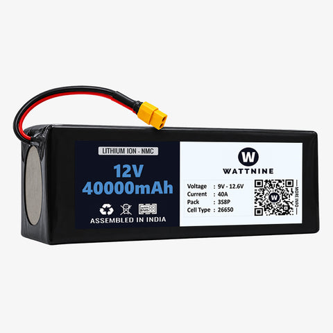 WATTNINE® 12V 40Ah Rechargeable Lithium Ion Battery Pack with 3 year Warranty