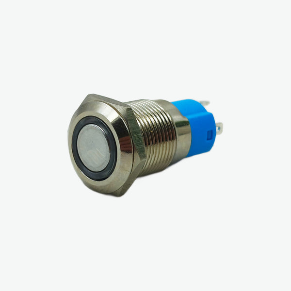 Flat Head 12mm 12V-24V Ring Light Latching Metal Push-Button Switch - Blue Light (4 Pin NO)