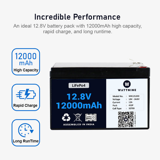 WATTNINE® 12.8V 12Ah Lithium (LiFePo4) Battery with 3 year Warranty