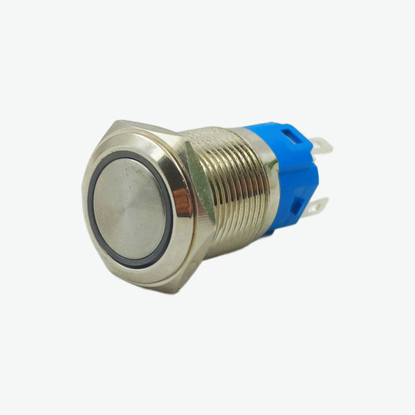 Flat Head 12mm 12V-24V Ring Light Latching Metal Push-Button Switch - Yellow Light (4 Pin NO)
