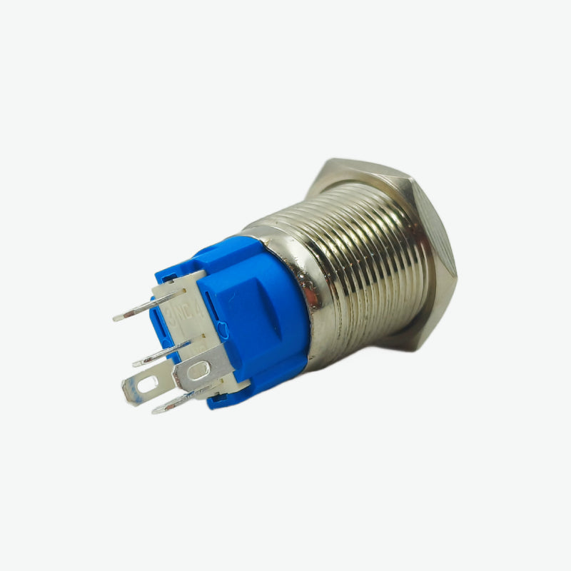 Flat Head 16MM 12V-24V Latching Metal Push Button Switch - Blue | Ring LED Illumination | Waterproof IP67 | 5-Pin