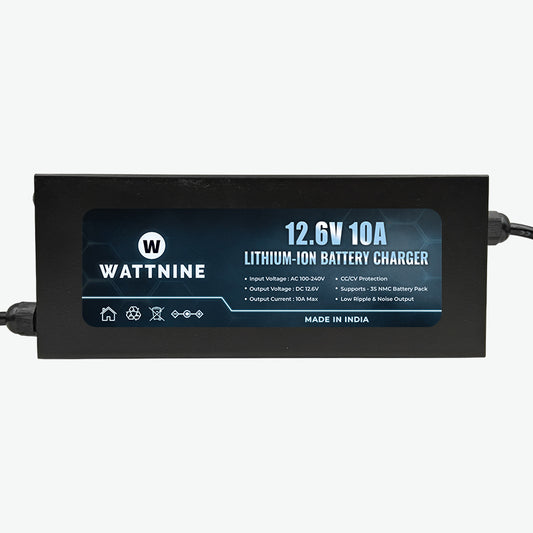 WATTNINE 12.6V 10A Lithium-Ion Battery Charger for 3S NMC Battery Pack - 126W Table-Top Charger with CC & CV