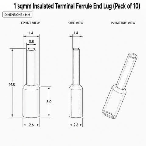 1 sqmm Insulated Terminal Ferrule End Lug (Pack of 10) Crimp Wire Lugs/End Sealing Lugs/Crimp Connectors/Tubular Lugs