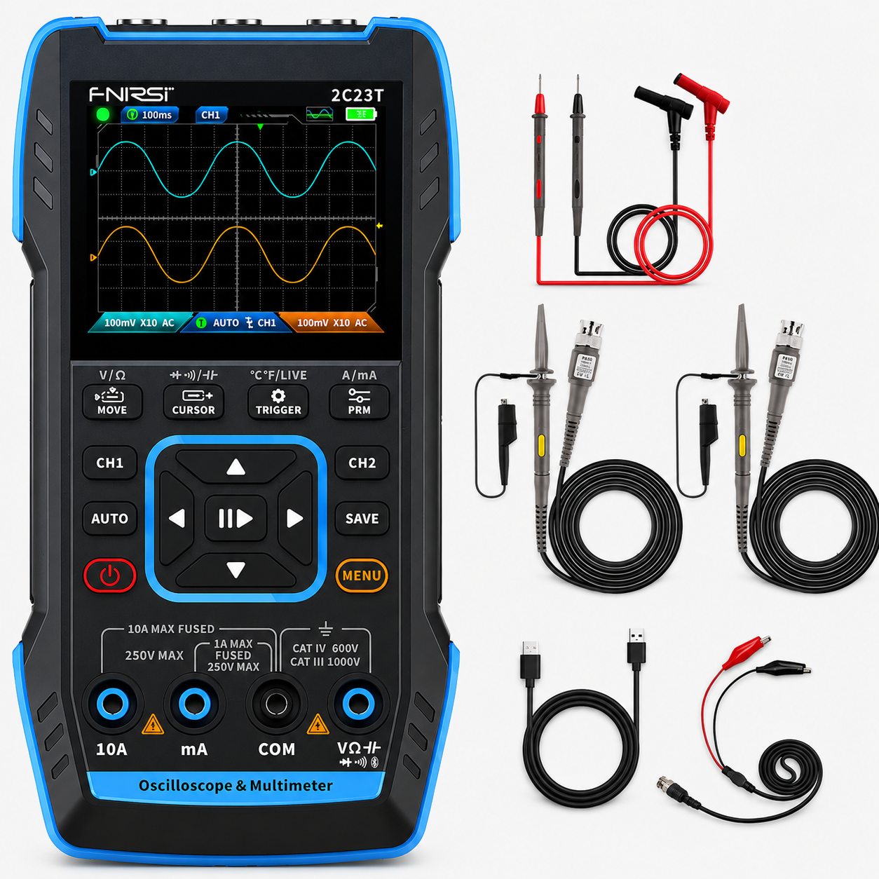FNIRSI® 2C23T Plus Handheld Dual Channel 3-in-1 10MHz 50MS/s Oscilloscope Multimeter DDS Function Generator