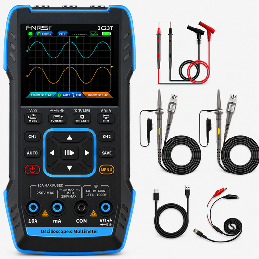 FNIRSI® 2C23T Plus Handheld Dual Channel 3-in-1 10MHz 50MS/s Oscilloscope Multimeter DDS Function Generator