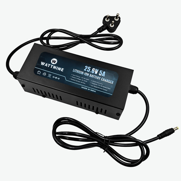 WATTNINE 25.6V 5A Lithium Battery Charger for 7S LFP Battery Pack - 128W Table-Top Charger with CC & CV with Warranty