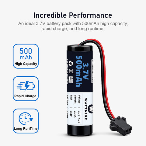 WATTNINE® 3.7V 500mAh Li-ion Rechargeable Battery with BMS and SM Connector 