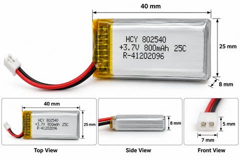 3.7V 25C 800mAh Lithium-Polymer Rechargeable Battery (HCY 802540) for Drones