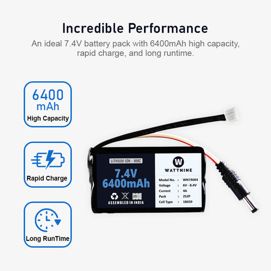 WATTNINE® 7.4V 6400mAh Rechargeable Lithium-ion Battery Pack with Warranty