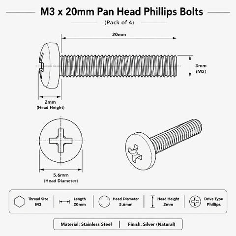 M3 x 20mm Pan Head Phillips Bolts 