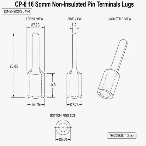 CP-8 16 Sqmm Non-Insulated Pin Terminals Lugs