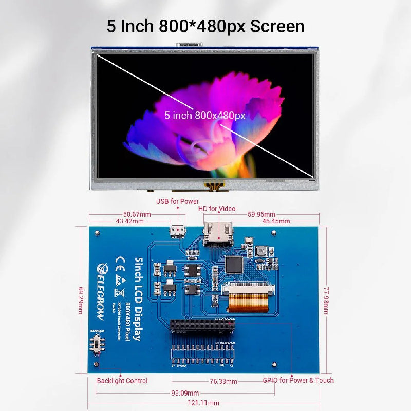 Elecrow RR050 5inch 800x480 Resistive Touch Screen TFT Display for Raspberry Pi 