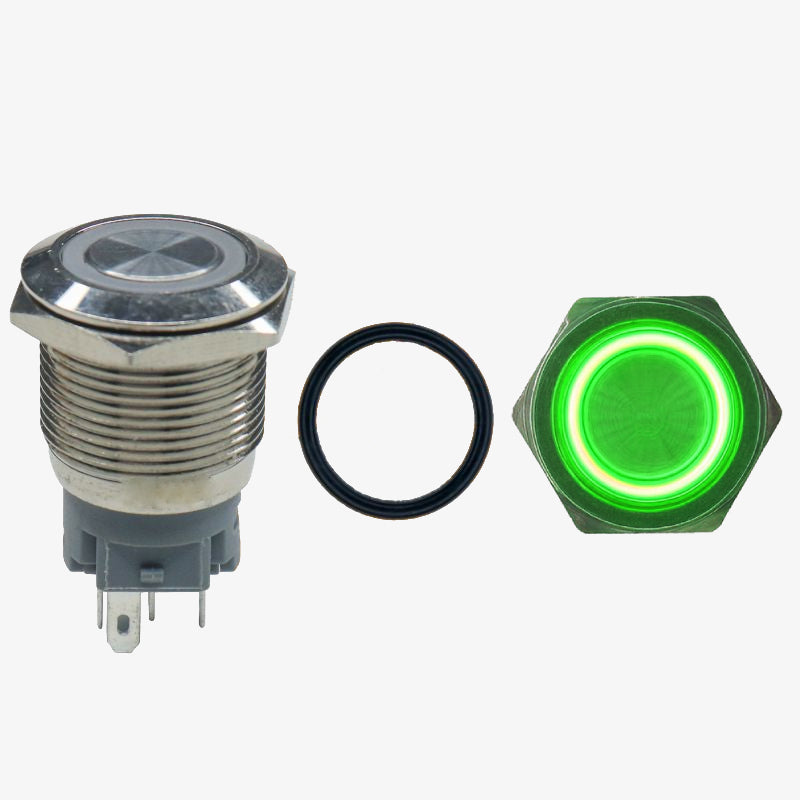 Flat Head 12mm 12V Ring Light Self-Lock Non-Momentary Metal Push-Button Switch - Green Light
