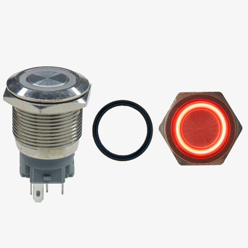 Flat Head 12mm 12V Ring Light Self-Lock Non-Momentary Metal Push-Button Switch - Red Light
