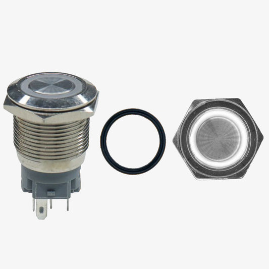 Flat Head 12mm 12V Ring Light Self-Lock Non-Momentary Metal Push-Button Switch - White Light