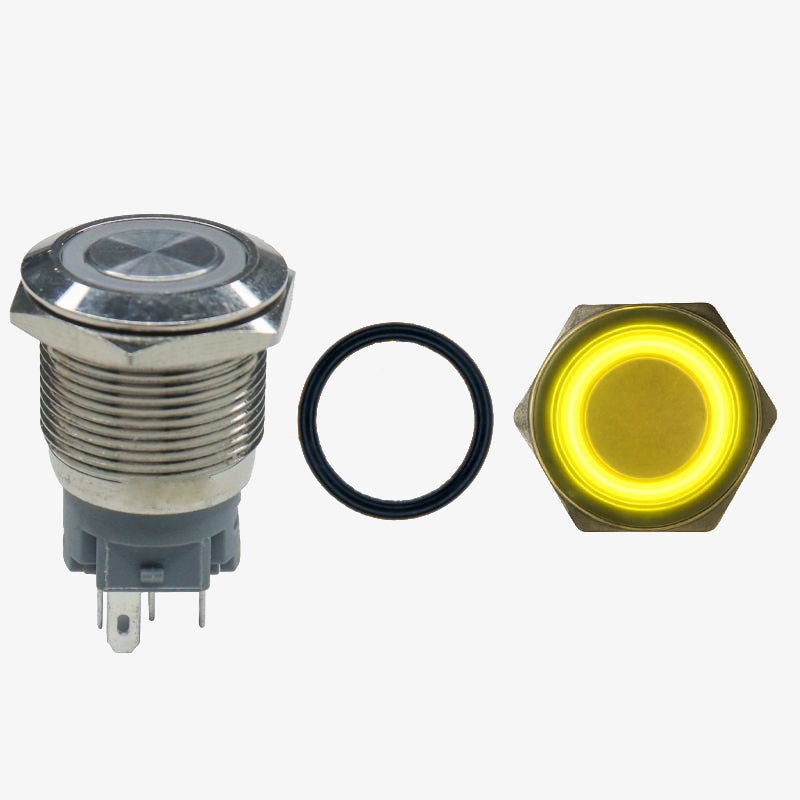 Flat Head 12mm 12V Ring Light Self-Lock Non-Momentary Metal Push-Button Switch - Yellow Light
