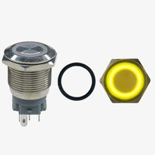 Load image into Gallery viewer, Flat Head 12mm 12V Ring Light Self-Lock Non-Momentary Metal Push-Button Switch - Yellow Light