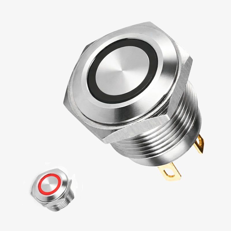 Flat Head 16mm 3V-6V Ring Light Non-Latching Metal Push-Button Switch Red Light