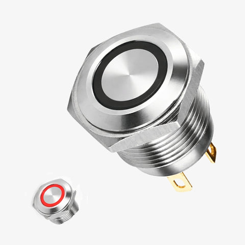 Flat Head 16mm 3V-6V Ring Light Non-Latching Metal Push-Button Switch Red Light