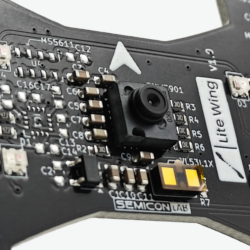 Close-up of a electronic circuit board with components and branding on a white background