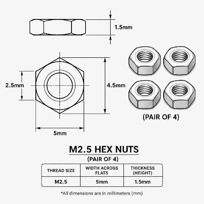 M2.5 Hex Nuts (Pair of 4)
