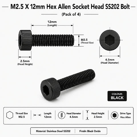 M2.5 X 12mm Hex Allen Socket Head SS202 Bolt (Pack of 4)