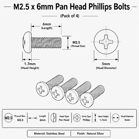 M2.5 x 6mm Pan Head Phillips Bolts (Pack of 4)