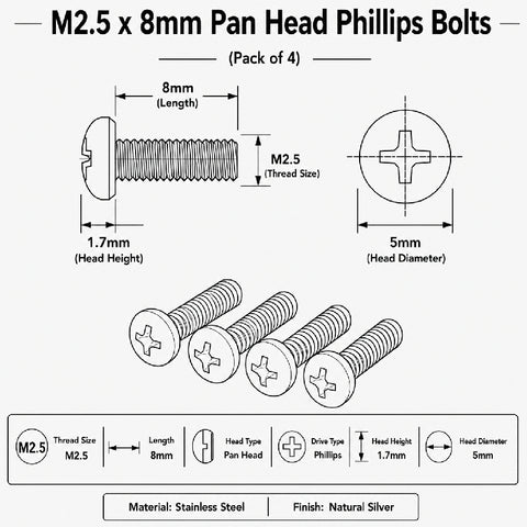 M2.5 x 8mm Pan Head Phillips Bolts (Pack of 4)