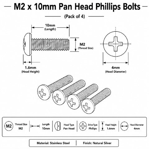 M2 x 10mm Pan Head Phillips Bolts (Pack of 4)