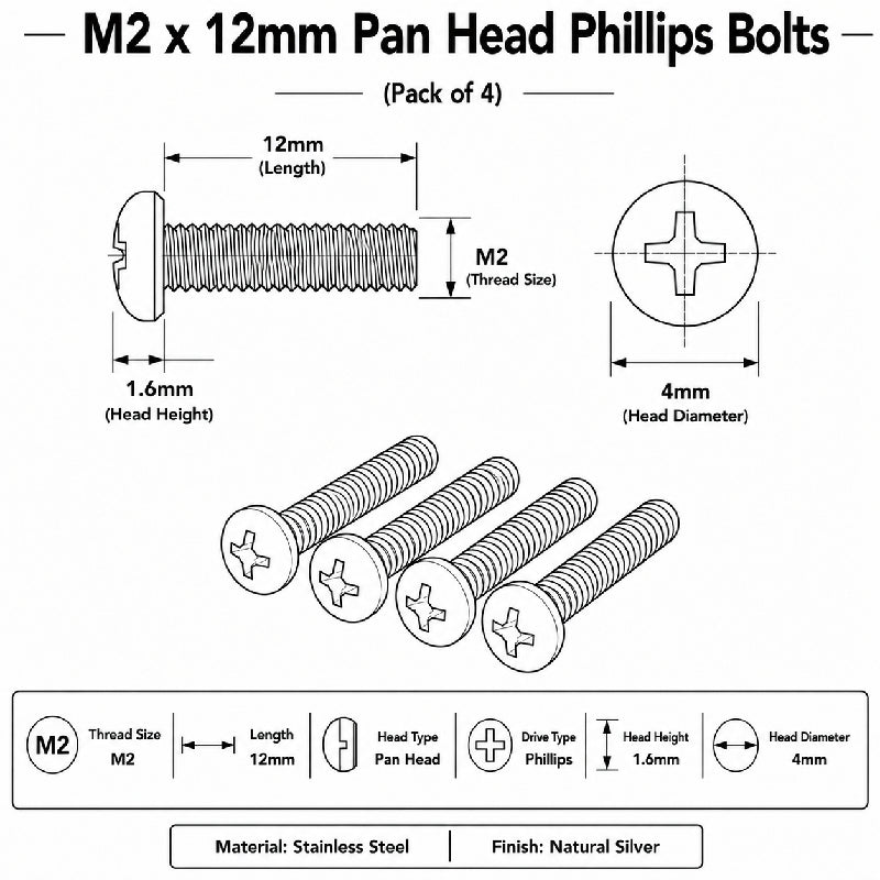 M2 x 12mm Pan Head Phillips Bolts (Pack of 4)