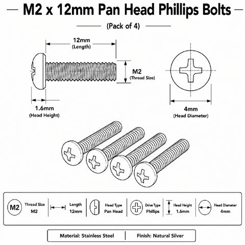 M2 x 12mm Pan Head Phillips Bolts (Pack of 4)