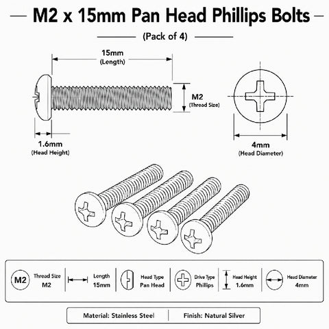 M2 x 15mm Pan Head Phillips Bolts (Pack of 4)