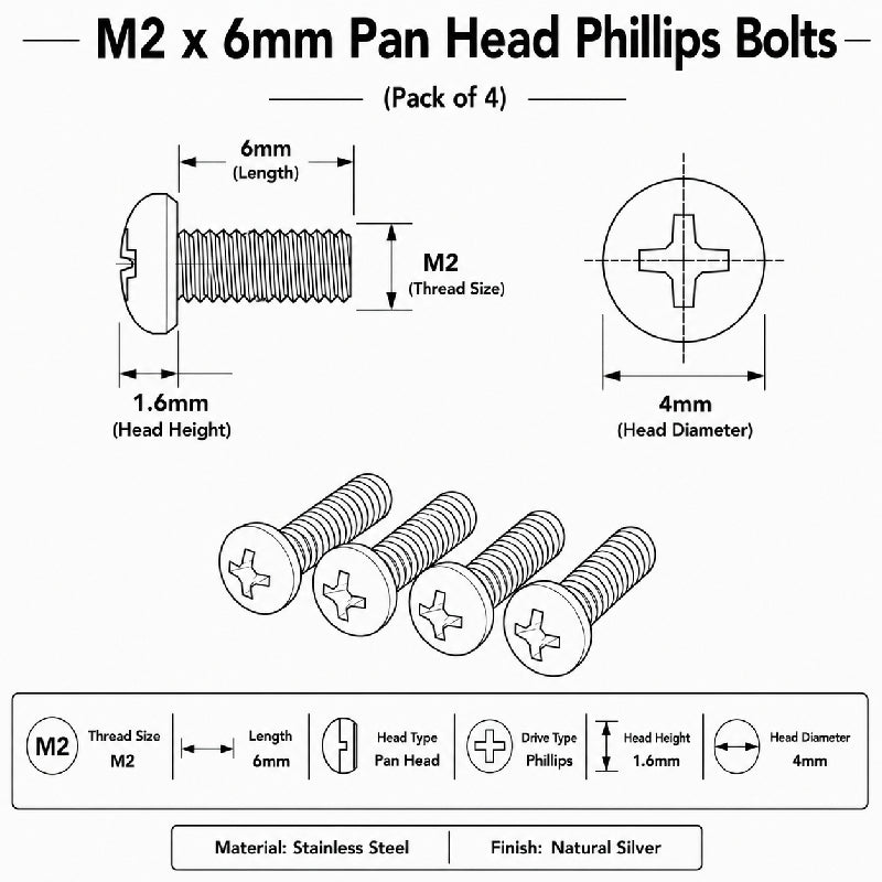 M2 x 6mm Pan Head Phillips Bolts (Pack of 4)