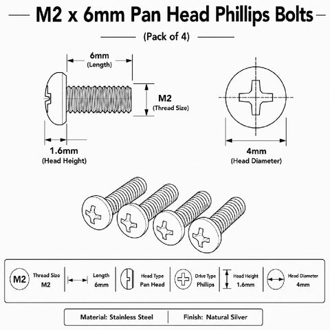 M2 x 6mm Pan Head Phillips Bolts (Pack of 4)