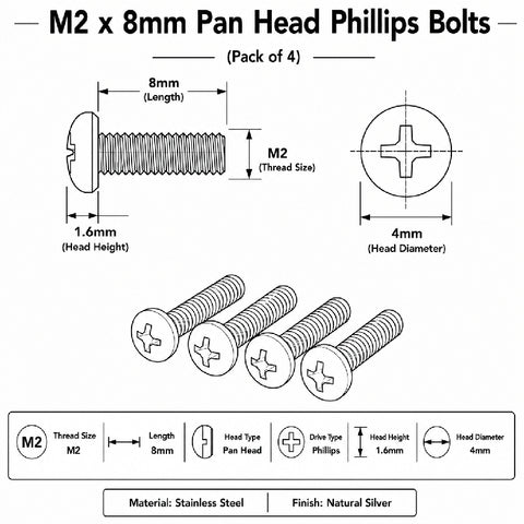 M2 x 8mm Pan Head Phillips Bolts (Pack of 4)