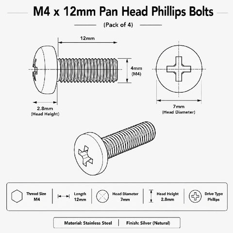 M4 x 12mm Pan Head Phillips Bolts(Pack of 4)