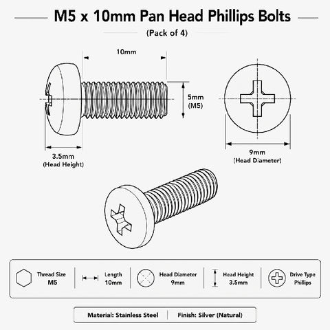 M5 x 10mm Pan Head Phillips Bolts (Pack of 4)