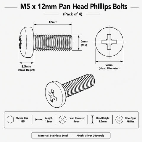 M5 x 12mm Pan Head Phillips Bolts (Pack of 4)