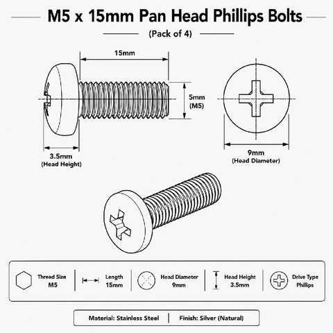 M5 x 15mm Pan Head Phillips Bolts (Pack of 4)