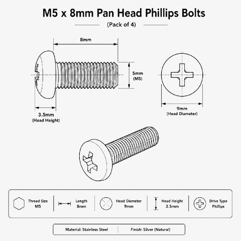 M5 x 8mm Pan Head Phillips Bolts 