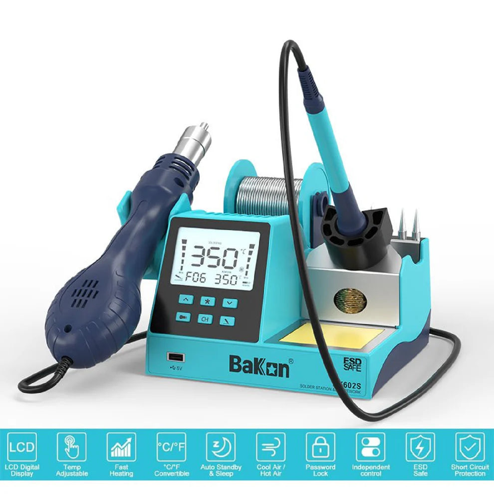 Bakon BK602S 2-in-1 Digital Display Soldering Station with 90W soldering iron + 550W hot air station