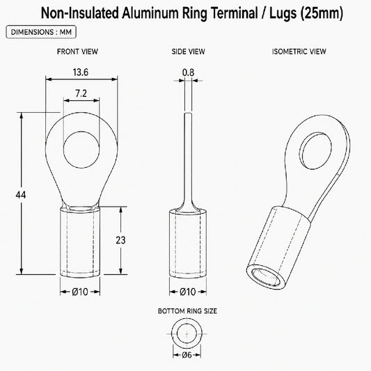 Non-Insulated Aluminum Ring Terminal / Lugs (25mm)