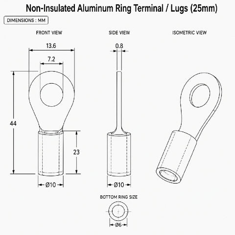 Non-Insulated Aluminum Ring Terminal / Lugs (25mm)