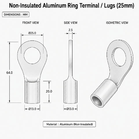 Non-Insulated Aluminum Ring Terminal / Lugs (25mm)